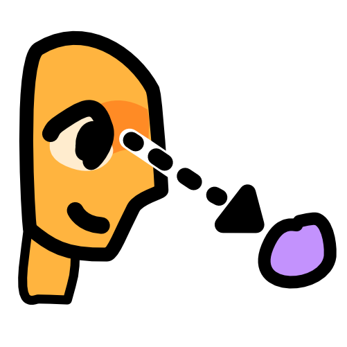 A yellow head seen from the side has a dashed arrow pointing from its eye to a purple circle. The image has black line art echoed with white.